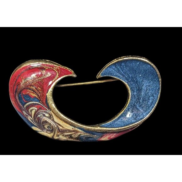 Vintage Red Blue And Gold Tone Enamel Swirl Brooch - Picture 1 of 4